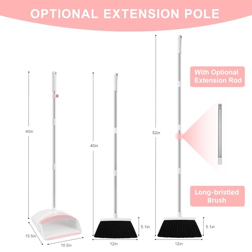 Image of Broom with Dustpan Combo Set for Home, 52-in Long Adjustable Handle Angle Broom and Dustpan Set with Dustpan Comb Teeth for Sweeping Pet Hair Food Dirt Kitchen (White-Pink)