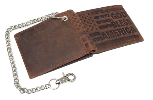 Distressed Vintage Leather Patriot American Flag Wallet -GOD BLESS AMERICA’ RFID Blocking Leather US Flag Men's Bifold Western Style Wallet (Brown with Chain)4