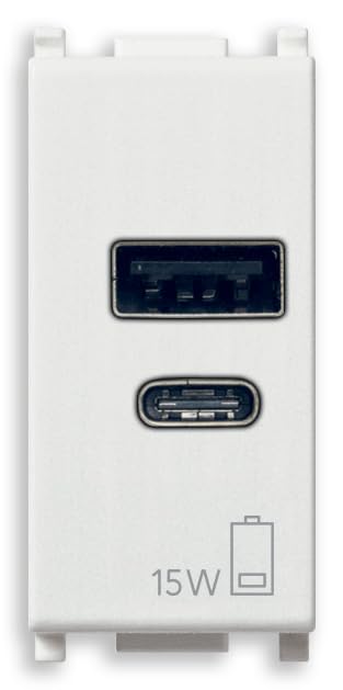 Vimar 14292.AC.15 Plana Alimentatore USB 15 W 3 A 5 V per dispositivi elettronici, uscite USB A e USB C