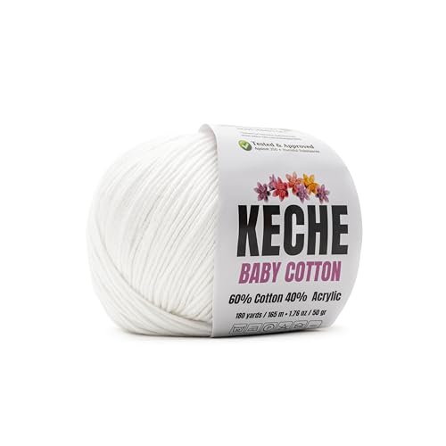Keche Baby Cotton 60% Cotton 40% Acrylic Yarn Soft Cotton Yarn for Crochet and Knitting Amigurumi Yarn 1 Skein/Ball 1.76 Oz (50g) / 180 Yrds (165m) - White