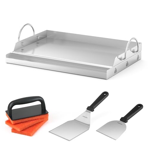 Onlyfire Plaque Plancha en Inox avec Spatules et 2 Éponges de Nettoyage, 50 x32 x7 cm, Plaque de Cuisson Universelle pour Barbecue, Rectangulaire, Poignée...