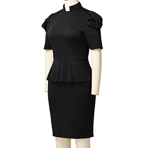 Image of Church Clergy Dresses for Women Minister Short Sleeve Ruffle Slim Pencil Dress with Tab Collar