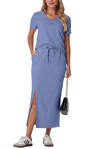 Image of GRECERELLE Women Summer Casual 2 Piece Sets V-Neck Wrinkle-Free Top & Elastic Waist Midi Side Slit Skirt with Pockets