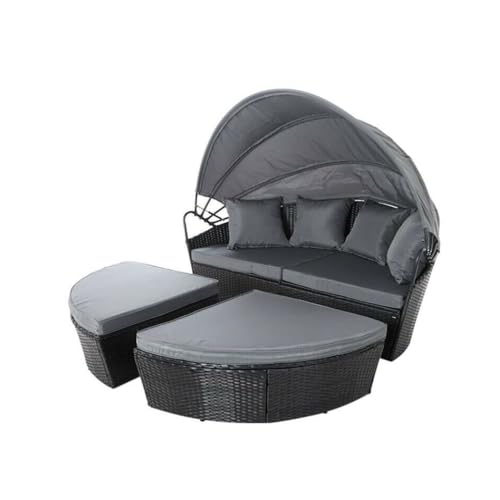 EVRE Bali 3 Piece Modular Round Rattan Wicker Patio Garden Furniture Daybed Sun Lounger Set with Extendable Canopy and Conversation Seat Cushions (Black)