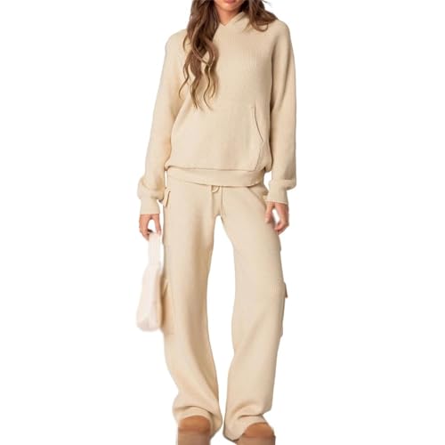 Women 2 Piece Knit Sweater Set Lounge Hoodie & Cargo