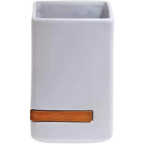 Spirella Zahnputzbecher Zahnbürstenhalter Oslo Keramik 7,6x11,9 cm Weiß Bambus Cover