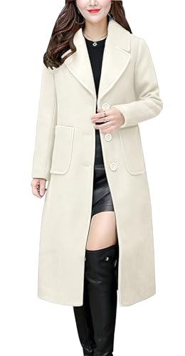 ebossy Women's Elegant Notched Lapel Overcoat Single Breasted Button Mid Long Wool Blend Pea Coat