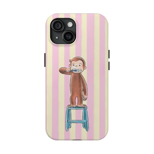 Case Compatible with iPhone 16 15 14 13 12 11 XS Max, Pink Stripes Curious Monkey George Phone Case, Protective Hybrid 2-Layer Hard Shell Shockproof Gift for Women Men Girl Boy