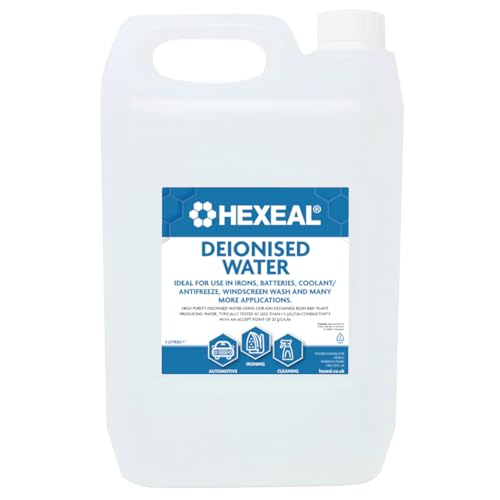 Hexeal Deionised Water 5L for Steam Irons, Car Batteries, Windscreen Fluid & Antifreeze - Demineralised, Reduces Limescale Deposits & Stains - For Lab Use
