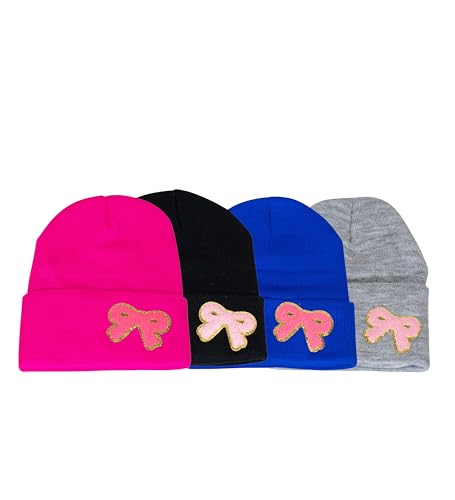 Girls Winter Knit Beanie – Warm & Cozy Hat with Glitter Chenille Bow Patch for Girls One Size Fits Ages 7-16