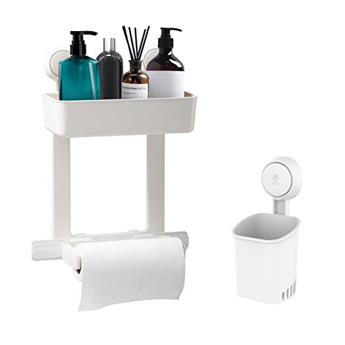 Leverloc Toothbrush Holder Suction Cup Shower Caddy With Paper Towel Holder One Second Installation No-Drilling Removable Powerful Suction Shower Caddy Caddy Suction Cup Waterproof Organizer - White #TOP10