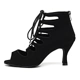 RUYBOZRY Botas de Baile Latino Mujer Botines Punta Abierta con Cordones Zapatos de Baile de Salon,YCL456-Negro-7.5,EU36