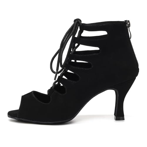 Imagen de RUYBOZRY Botas de Baile Latino Mujer Botines Punta Abierta con Cordones Zapatos de Baile de Salon