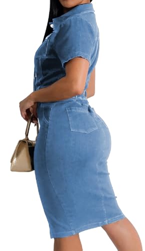Image of SeNight Women Denim Dresses Elegant Sexy Short Sleeve Jean Party Dress