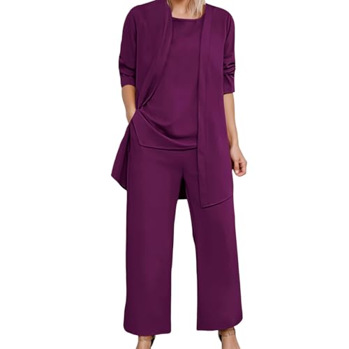 Semi Formal Outfits for Women 3 Piece Dressy Pant Suits Mother of The Bride Wedding Guest Pantsuit Seniors Sleeveless Crew Neck Tank Tops Wide Leg Palazzo Pants with Long Sleeve Shirt Jacket