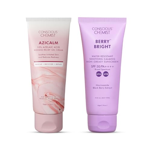 Image of Conscious Chemist Sunscreen & Azelaic Acid Cream Combo | SPF 50 PA++++ In-Vivo Tested | Sunscreen with Niacinamide & Blackberry | 10% Azelaic Acid Face Cream for Acne-Prone Skin, Redness Relief | All Skin Types - Berry Bright & Azicalm