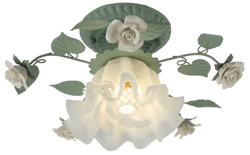 BRRSKBK French Glass Flower Ceiling Light Fixture Green Hallway Semi Flush Mount Ceiling Light Nordic Modern Blue White Milk Glass Close to Ceiling Light for Bathroom Farmhouse Foyer Corridor Kitchen