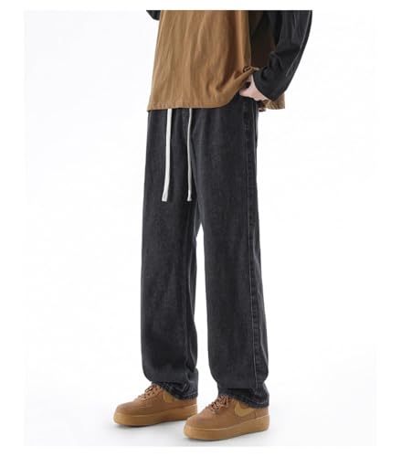 Pants Trousers Denim Spring Loose Straight Tube Tight Drawstring Men's High Street Deep Blue3