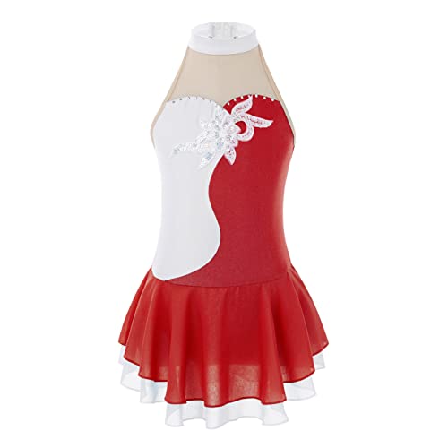 Yuumin Girls Shiny Mock Neck Mesh Spliced Figure Ice Skating Dress Competition Dance Costumes Leotard Ballet Tutu Dress Red Af 6 Years #TOP2