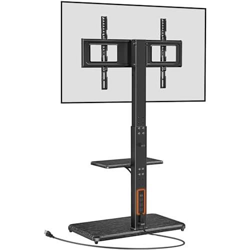 Perlegear Floor TV Stand with Power Outlet, Universal TV Stand for 32-75 inch TVs up to 110 lbs, Height Adjustable TV Stand with Swivel, Floor TV Mount Stand with Wood Base, Max VESA 600x400mm, PGFS06
