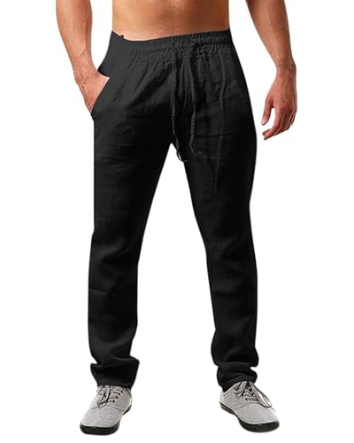 JESDM Herrenhose Leinen mit Kordelzug Freizeitkleidung Baumwollhose Herren Schwarz L