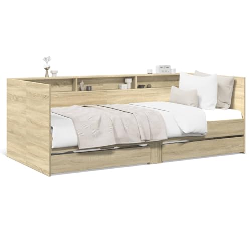 Faroom Cama de día con espacio de almacenamiento, sofá cama con 2 cajones y somier, cama individual de 90 x 200 cm, cama funcional de almacenamiento con respaldo, cama infantil de roble Sonoma
