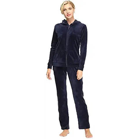 Dolcevida Womens Velour Sweatsuits Sets 2 Piece Tracksuits Outfits Full Zip Hoodie and Sweatpant Set Velvet Jogging Suit (Navy, L) Cover