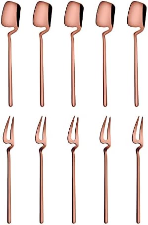10 Pack Stainless Steel Cocktail Tasting Appetizer Cake Fruit Forks and Coffee Dessert Tea Spoons Set, Mirror Finish, Dishwasher Safe (5 Forks + 5 Spoons) (Rose Gold)