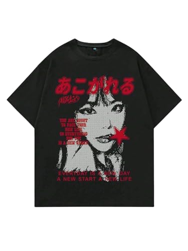 Image of SXV STYLE Oversized Graphic T-Shirt, Black, Japanese Anime Print, Red Text, Everyday is a New Day Slogan, Unisex Streetwear