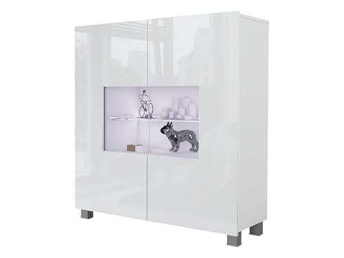 Kommode Calabrini BR01 mit 2 Türen, Sideboard, Anrichte, 100x107x35 cm, Highboard, Mehrzweckschrank, Wohnzimmer (Weiß/Weiß Hochglanz, mit Blauer LED Beleuchtung)