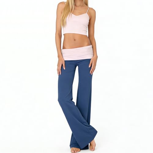 Image of Lounge Yoga Pants for Women Fold Over Low Waist Wide Leg Bell Bottoms | Y2K Foldover Pants, Flare Leggings, Low Rise Yoga Sweatpants