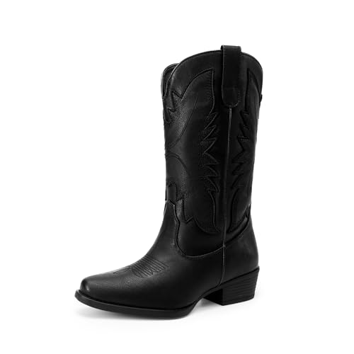 DREAM PAIRS Cowboy Boots for Women Cowgirl Western Mid Calf Boots Snip Toe Embroidered Stitched Low Chunky Heel Pull On Fashion Boots,Size 8.5,All Black,SDMB25005W-2