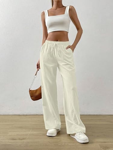 Image of TOPLOT Women's Linen Blend Wide Leg Palazzo Pants | Elastic Drawstring Waist Trousers for Woman | Relaxed Fit Casual Lounge Trousers | Breathable Straight Leg Everyday Bottom Wear (5268)
