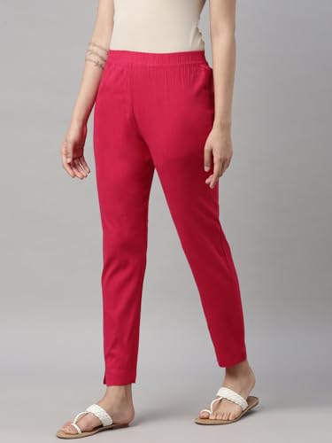 Image of MINELLI Women Solid Cigar Pants, Cotton Lycra Slub Fabric, Elasticated Waistband, Pull On Style, Regular Fit Bottom Wear for Western and Ethnic Wear