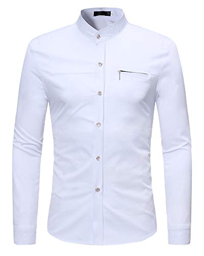 Camisa Hombre Manga Larga Formal Color Sólido Slim Fit Bolsillo Blusa Blanco L