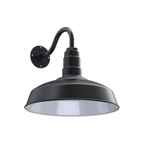 Steel Lighting Co. | Dusk to Dawn | Gardena Barn Light | Outdoor Wall Mounted | 16" Dome | 11" Gooseneck | Farmhouse Light Made in America | Matte Black Exterior/White Interior Cover