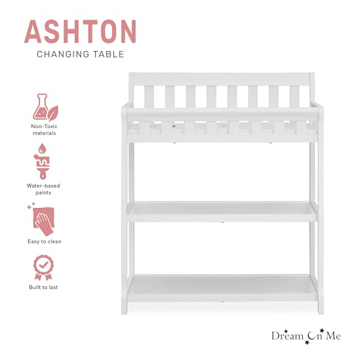 Image of Dream On Me Ashton 2-in-1 Changing Table & Nightstand in White - Solid New Zealand Pinewood, Safety Rails, Spacious Storage Shelves & Water-Resistant Changing Pad, Converts to Nightstand