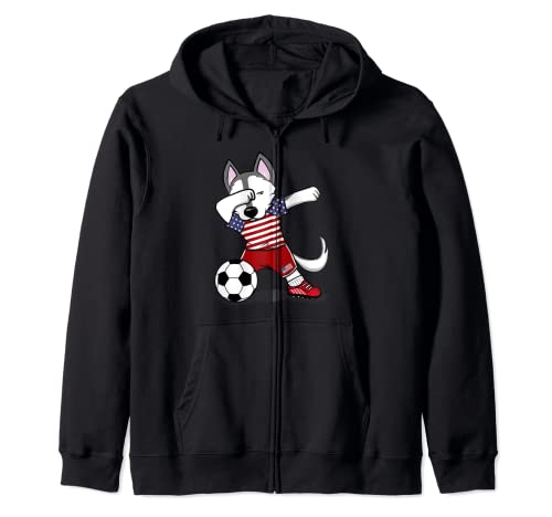 Dabbing Husky America Soccer Fans Jersey USA Flag Football Zip Hoodie, Black