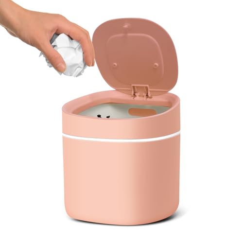 Image of Soddeph Plastic Mini Trash Can with Lid,Small Desktop Waste Bin for Bathroom, Office, or Kitchen,Pop-Up Countertop Wastebasket for Counter, Vanity, or Coffee Table (Pink)