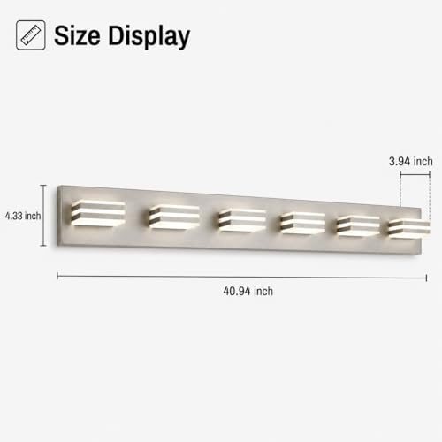 Image of 6-Light Brushed Nickel Vanity Light for Double Sink Bathroom, 41 Inch 48W 5CCT Dimmable LED Over Mirror Wall Fixture, Hardwired Light with Clear Acrylic Shade