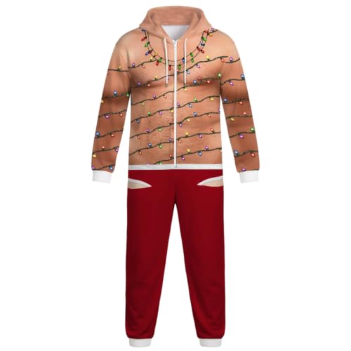 Ugly Christmas Onesie Men 3D Fake Body Print Hooded Full Zip Jumpsuit - image 5