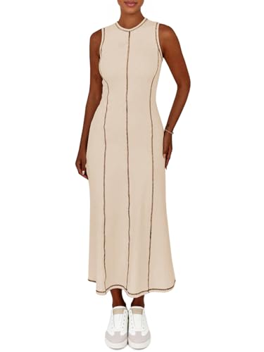 Wenrine Womens Tank Maxi Dress Sleeveless Crew Neck Knit Ribbed Summer Contrast Stitch Dresses2