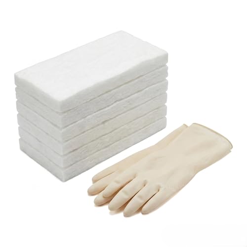 6 Unidades de Lana de Cerámica con 1 Par de Guantes de Goma, 30x10x1,3 cm Fibra Cerámica, Esponja de Chimenea de Mesa Prolonga la Vida Útil del Fuego, Ceramic Wool para Bioetanol Chimeneas de Mesa
