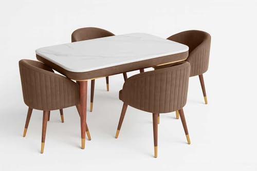 Image of WOODEN SPACE Majestic 4 Seater Wooden Dining Table Set | Urban Marble Top Dining Table with Chairs for Dining Room & Kitchen (Brown 1)