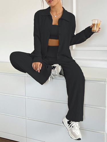 Image of Shasmi Women's 3-Piece Co-ord Set - Solid Button Front Shirt, Strapless Tube Top & Wide Leg Pants | Casual Loose Fit Western Outfit for Daily Spring /Fall Wear (Co-Ord-208)