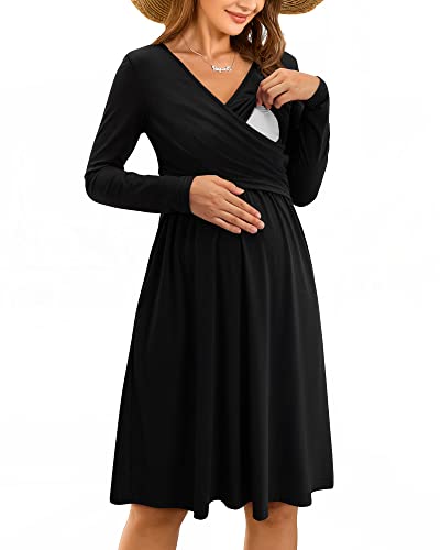 Image of OUGES Womens 2025 V-Neck Maternity Nursing Breastfeeding Baby Shower Dress Long Sleeve Fall Clothes with Pockets