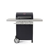 barbecook spring 3002, barbecue a gas urban, bbq a gas, griglia barbecue con vasca e 2 tavolini pieghevoli con 3 ganci per accessori, barbecue con 3 superfici della griglia, nero