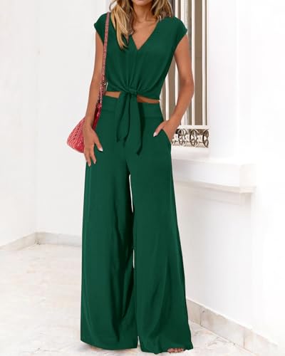 Image of PRETTYGARDEN Women's Summer 2 Piece Outfits 2026 Cap Sleeve V Neck Belted Crop Tops Wide Leg Pant Sets Casual Tracksuit