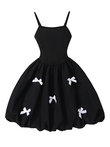 Verdusa Girl's Black Bubble Dress A Line Bow Flowy Cute Summer Cami Party Dress