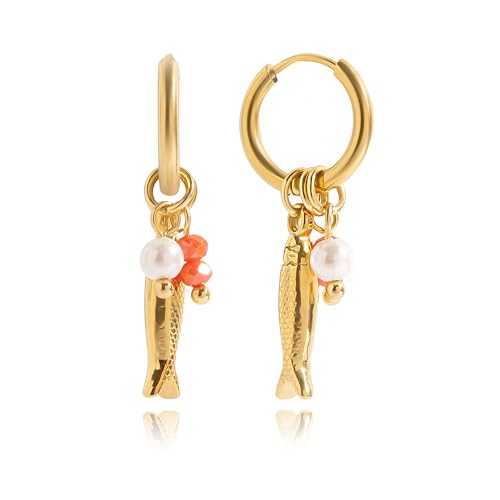 Beach Fish Earrings for Women - Boho Pearl Red Bead Fish Earrings, Bohemian Beach Jewelry | Ocean Waterproof Beachy Jewelry for Vacation